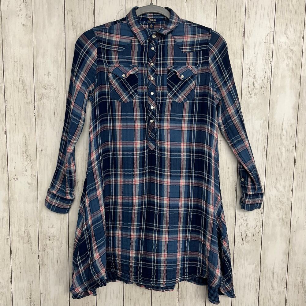 Polo Ralph Lauren Western Blue Pink Plaid Long Sleeve Cotton Shirtdress 14 Youth